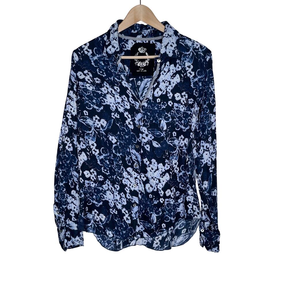 Cino Blue Floral Button Front Blouse Womens Large 100% Viscose Long Sleeve